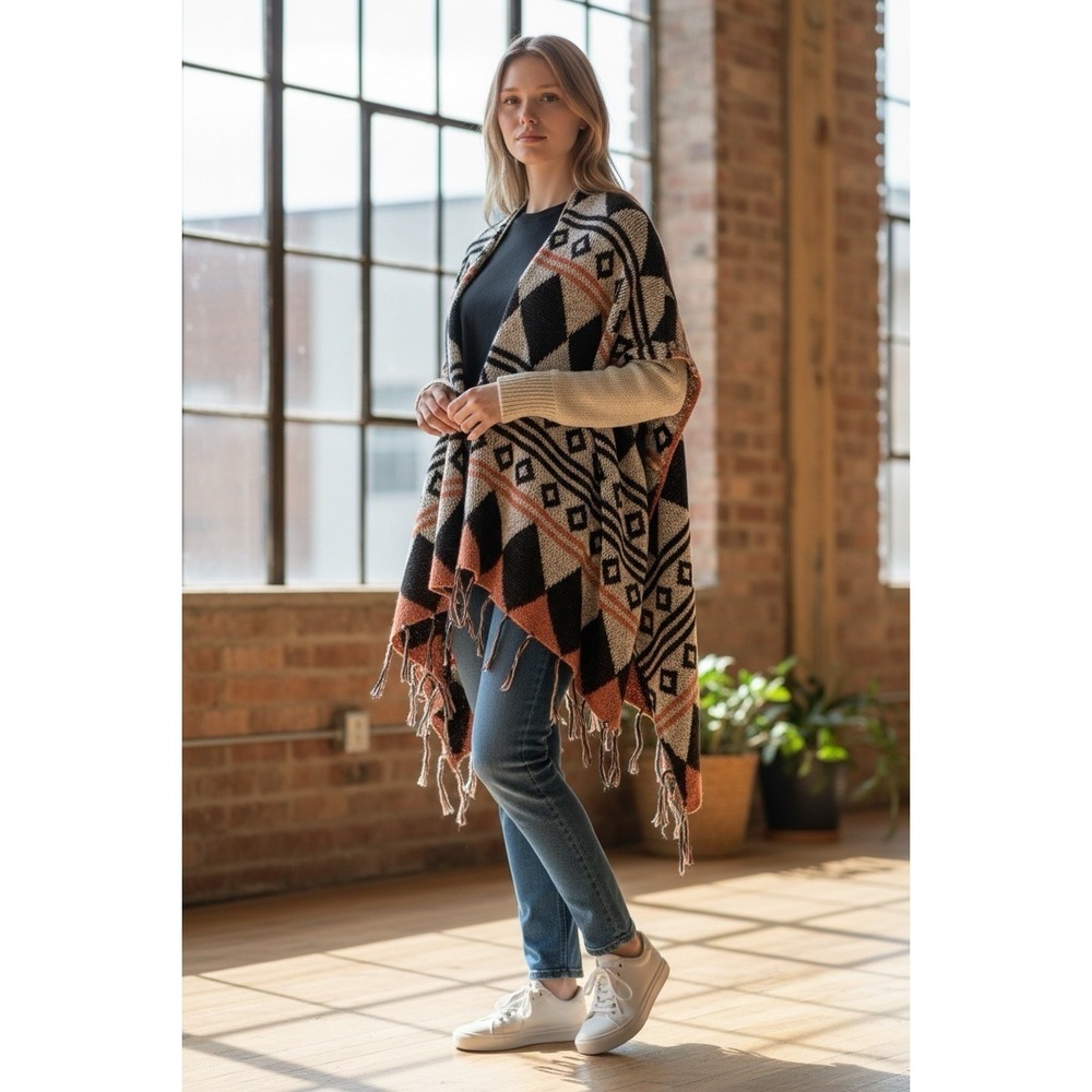 Western‎ Tribal Wrap Shawl Cardigan  Poncho Size Medium Aztec southwestern Boho